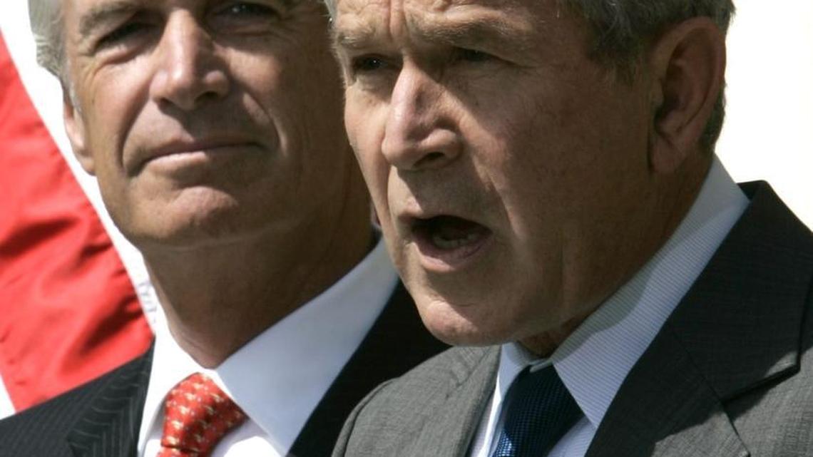 Former Idaho Gov. Dirk Kempthorne, left, served as Interior secretary to President George W. Bush. They are pictured in the Rose Garden of the White House in 2008.
