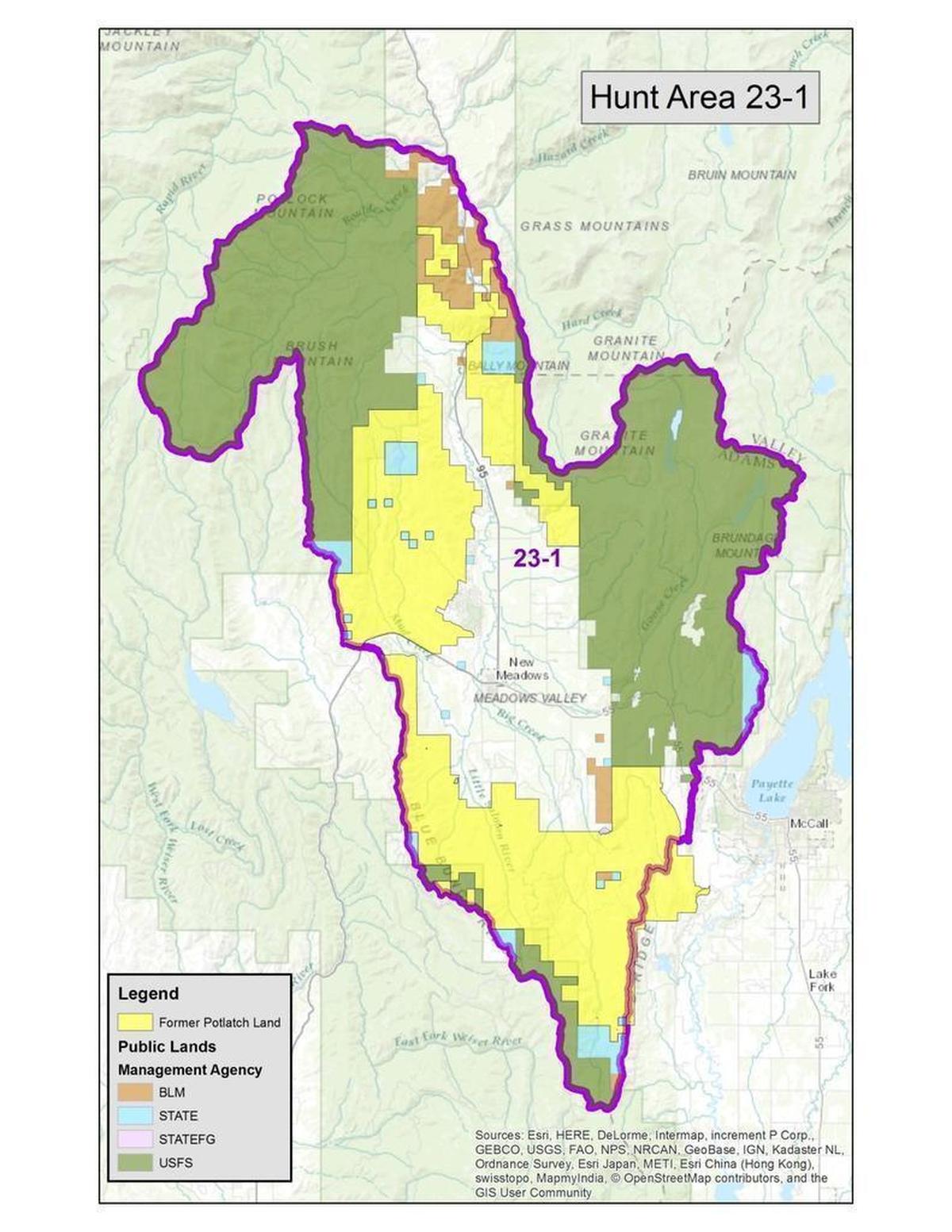 Yellow highlights show the former Potlatch lands bought by the Wilks brothers in the hunt unit around New Meadows.