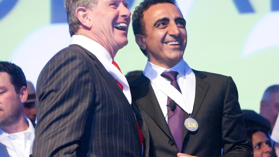 Gov. Butch Otter, left, and Hamdi Ulukaya, CEO of Chobani, celebrated the grand opening of the 1 million-square-foot plant in Twin Falls in March 2013.