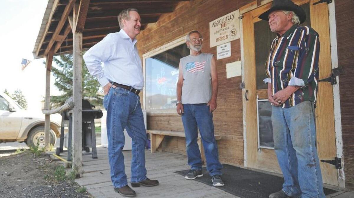 Sen. Mike Crapo, left, meets with Butte City Mayor Carl Nulf, center, and Russell King during a meet-and-greet in September 2015 in Butte City.