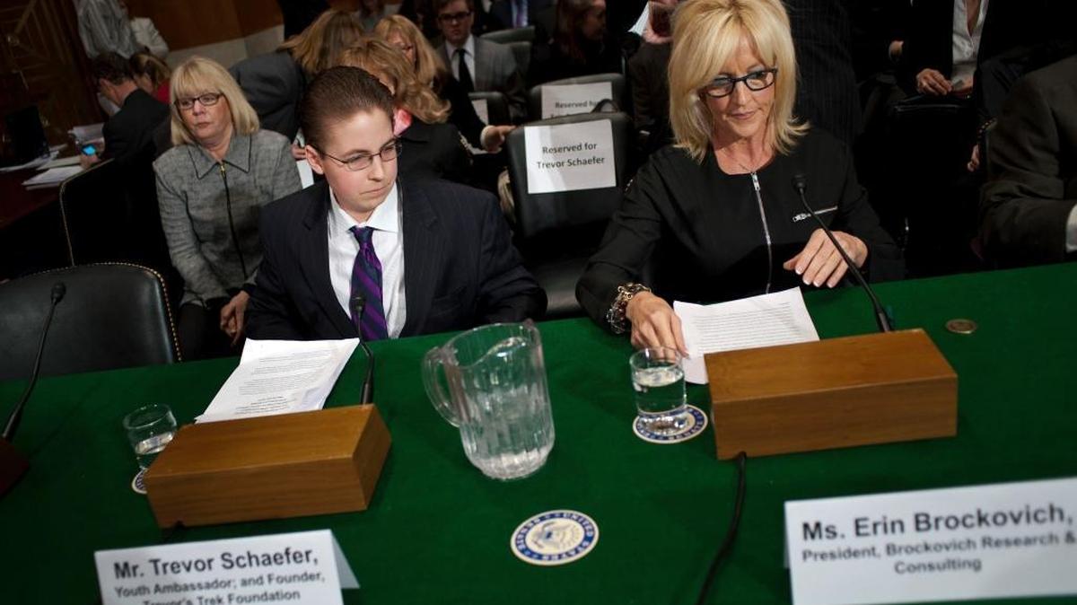 Trevor Schaefer, youth ambassador and founder of Trevor's Trek Foundation, Erin Brockovich, president of Brockovich Research & Consulting testify during an Environment and Public Works Committee hearing on "Disease Clusters and Environmental Health," Tuesday, March 29, 2011 on Capitol Hill in Washington, D.C.
