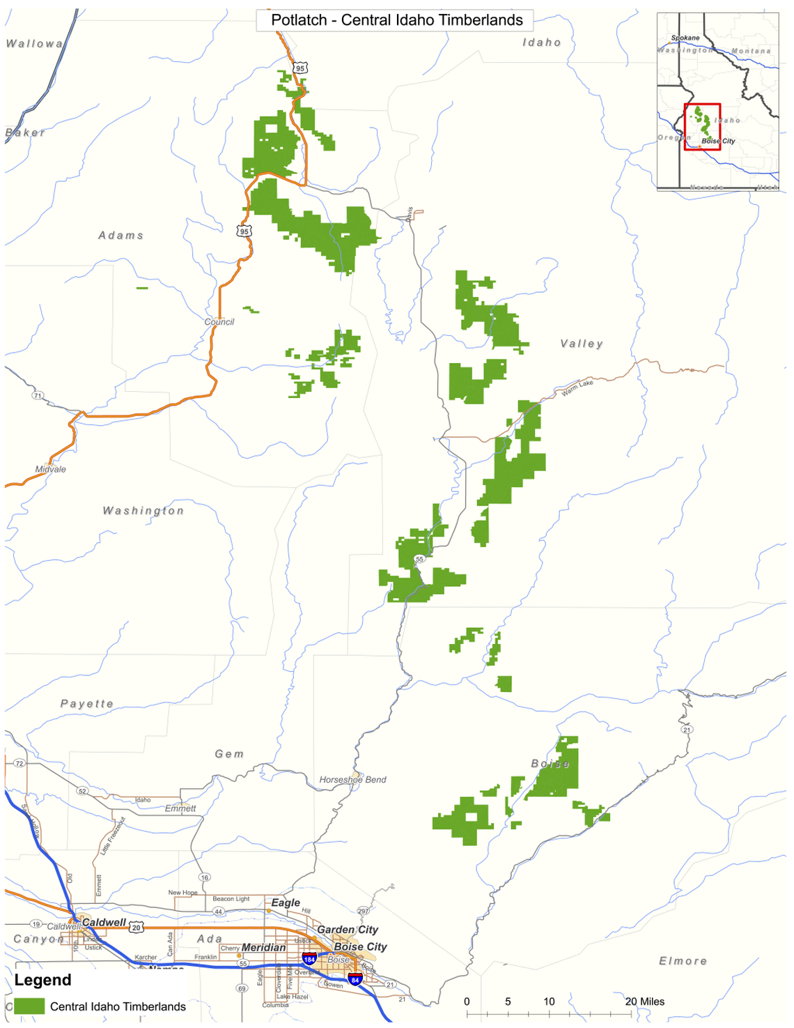 The green areas are the former Potlatch lands in Central Idaho sold to the Wilks brothers.