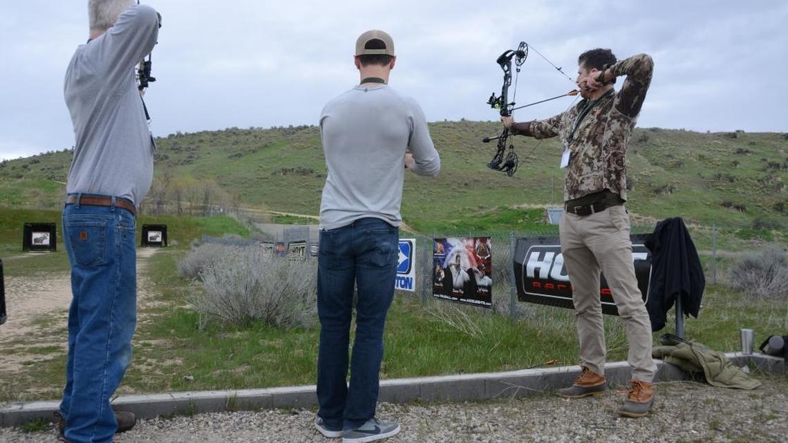 Brian Dalrymple and Brandon Dyches, of Portland, Ore., eye up their targets on April 15, 2018. The Backcountry Hunters & Anglers rendezvous wrapped up at the archery range at Boise’s Military Reserve after a weekend of seminars and events dedicated to outdoor recreation and public land use.