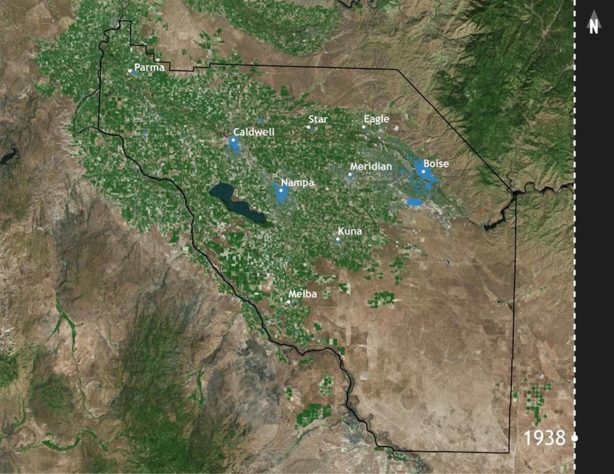 In 1938, urbanized Treasure Valley was miniscule, represented by the blue splashes in this map.