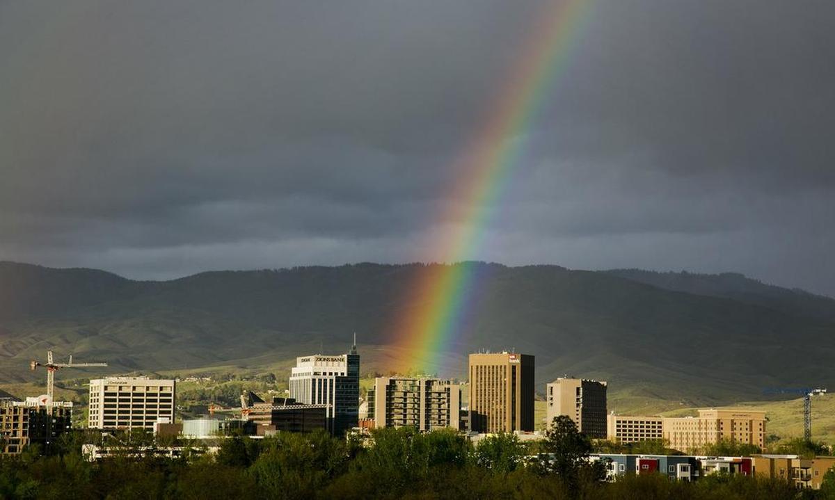 A rainbow over downtown Boise after a rainstorm shows the spectrum of colors that make up the Sun’s white light.