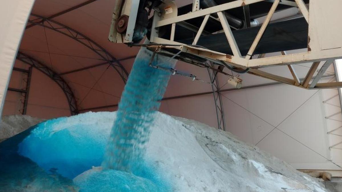 Blue dye is added to road salt at Ada County Highway District’s facility on Cloverdale Road between Executive Drive and Franklin Road. The district is adding the dye so that people will know which streets have salt on them.