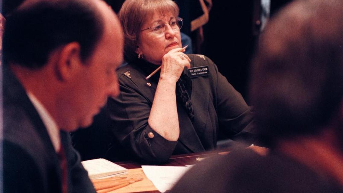 Rep. Dolores Crow (R-Nampa) serves as chairwoman for a rare conference committee of the House and Senate in order to find a compromise on HB707, a 2000 tax-cut bill.