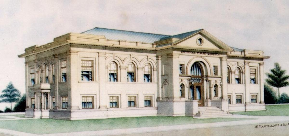 The original architect’s drawing of the Carnegie Public Library, built in the early 1900s. It opened in May 1905 with a fund-raising gala to help pay for furniture.