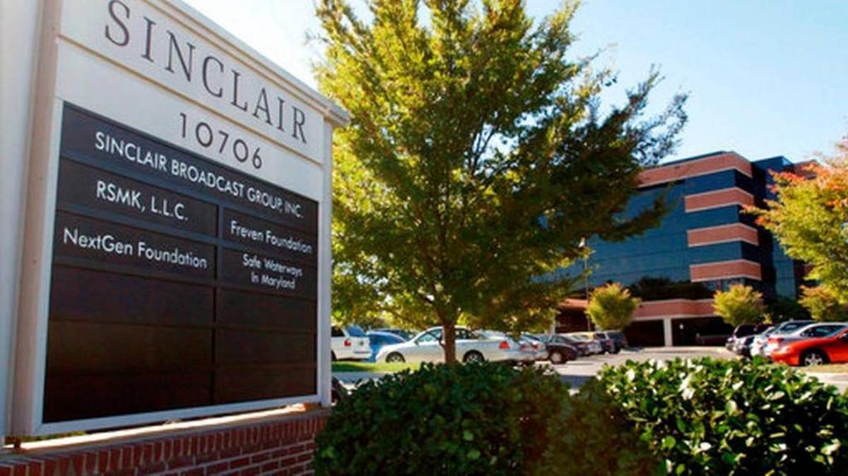 In this Tuesday, Oct. 12, 2004, file photo, Sinclair Broadcast Group, Inc.'s headquarters stands in Hunt Valley, Md. President Trump is jumping to the defense of the Sinclair Broadcast Group, which is under fire following the rapid spread of a video showing anchors at its stations across the country reading a script criticizing "fake" news stories. Trump tweeted Monday, April 2, 2018, that it was funny to watch "Fake News Networks" criticizing Sinclair for being biased.