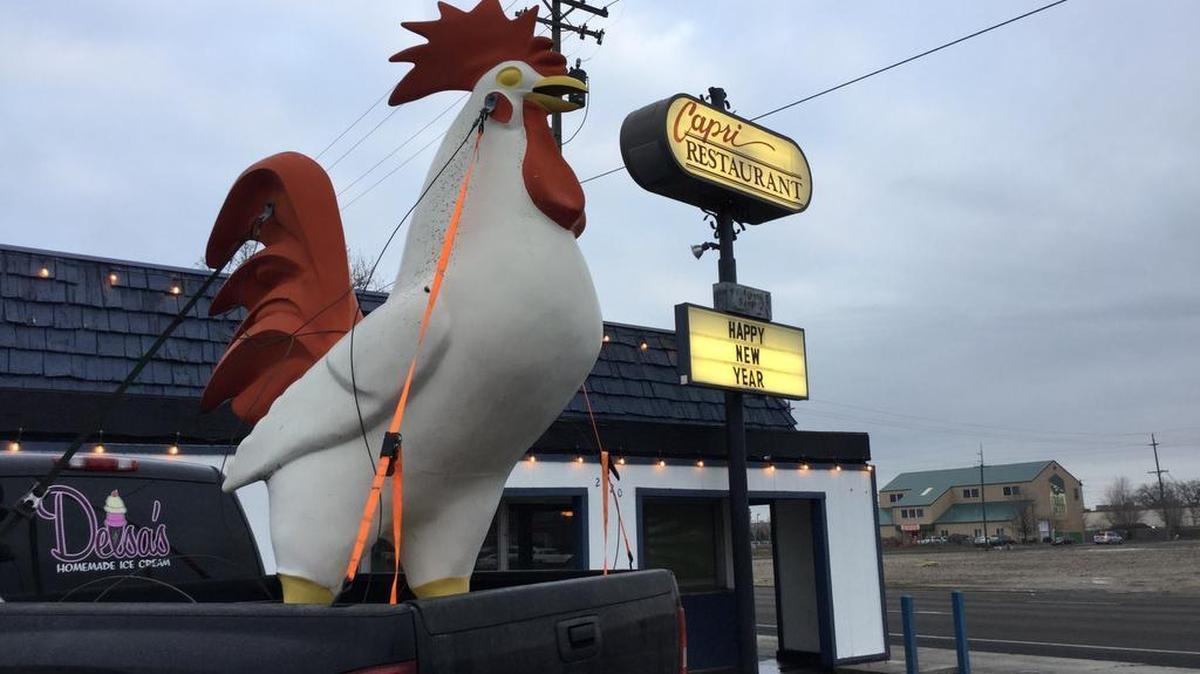 Rudy, the iconic 7-foot-tall metal rooster, will find a new home on the roof of Delsa’s Ice Cream on Ustick Ave.