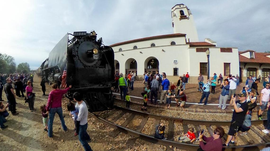 A large crowd gathers around the “Living Legend,” Union Pacific steam locomotive 844, after it arrived at the Boise Depot in 2017.