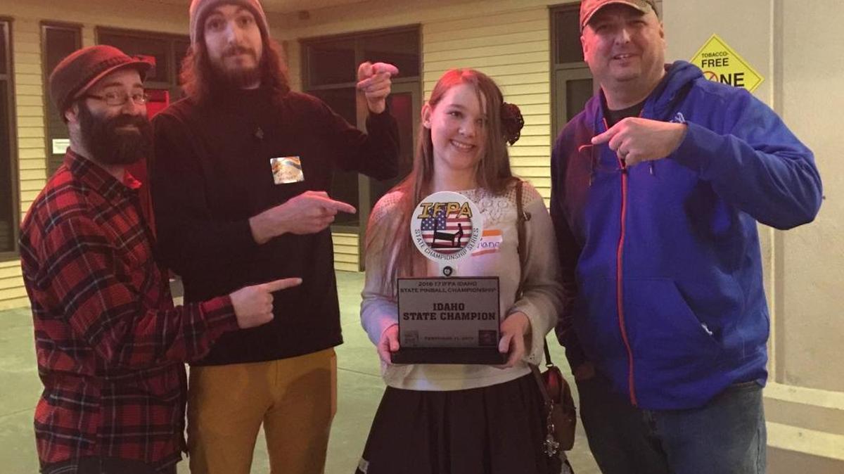 Idaho pinball state championship top players from left to right: Dan Costello, third place; Chris Hebert, second place; Aviana Smith, first place; Sean Hunter, fourth place.
