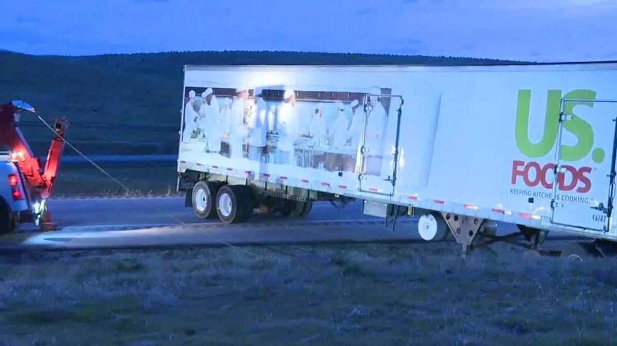 The truck and trailer blocking traffic on Interstate 84 east of Boise has been pulled upright, but still blocked one lane near Blacks Creek rest area about 7 a.m.
