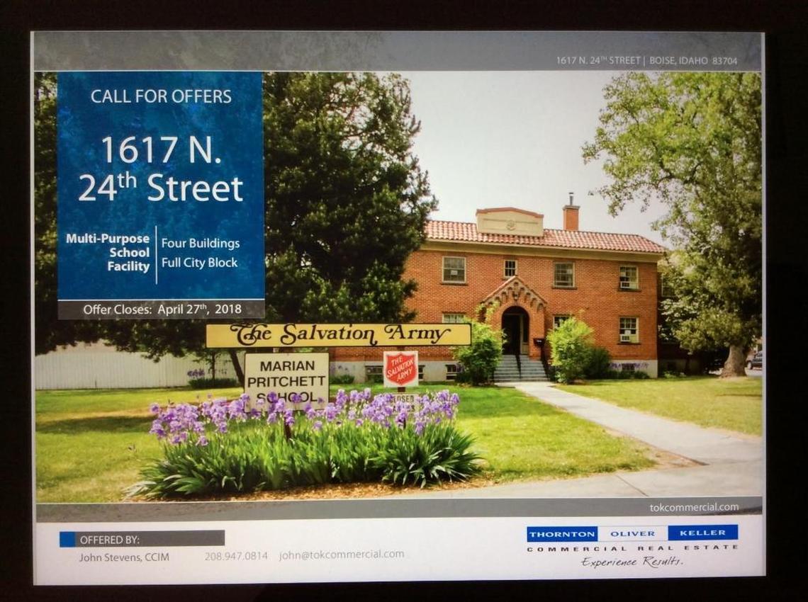 The commercial brokerage firm Thornton Oliver Keller is representing the Salvation Army in the sale of the Booth Home, formally known as the Booth Marian Pritchett School Program for Pregnant and Parenting Teens. No sale price is listed in the prospectus, shown here.