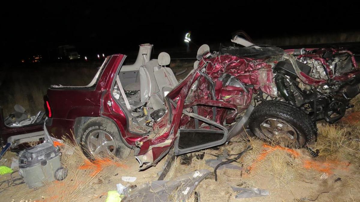 What’s left of the Chevrolet TrailBlazer in which two construction workers died rests alongside U.S. 95 on Nov. 13, 2016. A third man in the vehicle was seriously injured when a Meridian man struck the SUV.