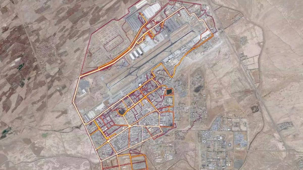 A portion of the Strava Labs heat map from Kandahar Airfield in Afghanistan, made by tracking activities.
