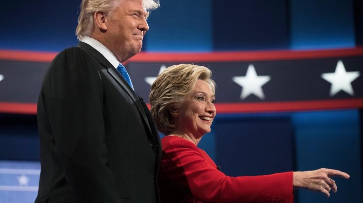 Hillary Clinton and Donald Trump appear on stage before the first presidential debate at Hofstra University in Hempstead, N.Y., on Monday.