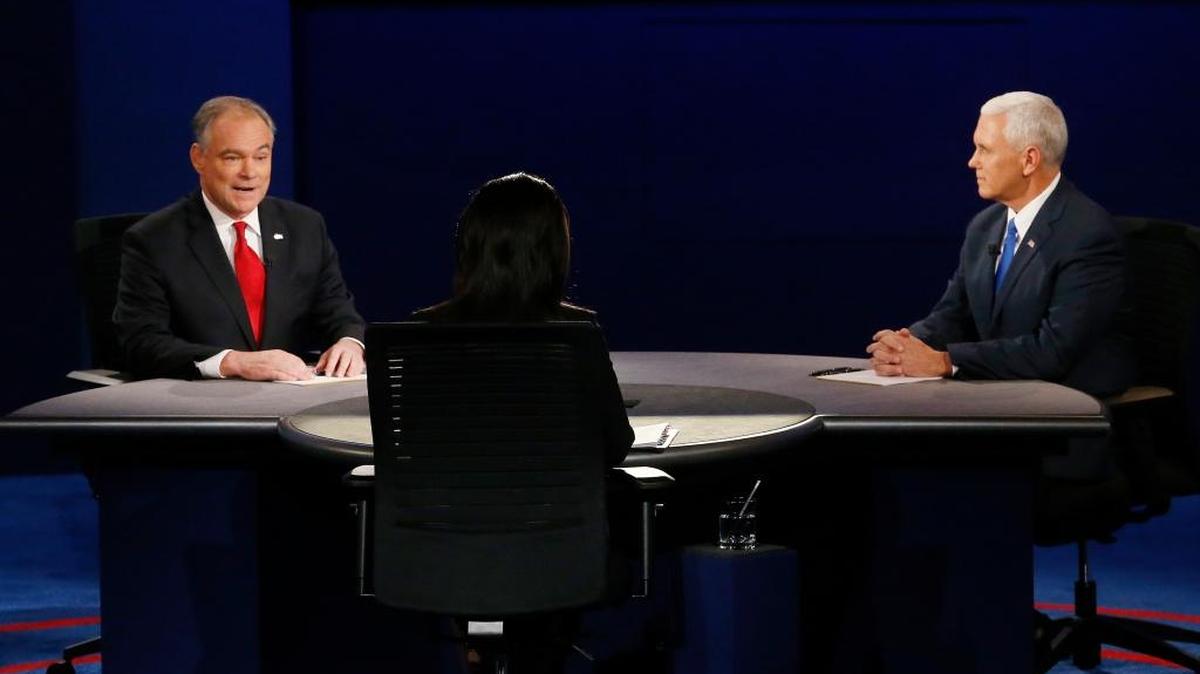 Republican vice presidential nominee Gov. Mike Pence, right, and Democratic vice presidential nominee Sen. Tim Kaine debate during the vice presidential debate at Longwood University in Farmville, Va., on Tuesday.