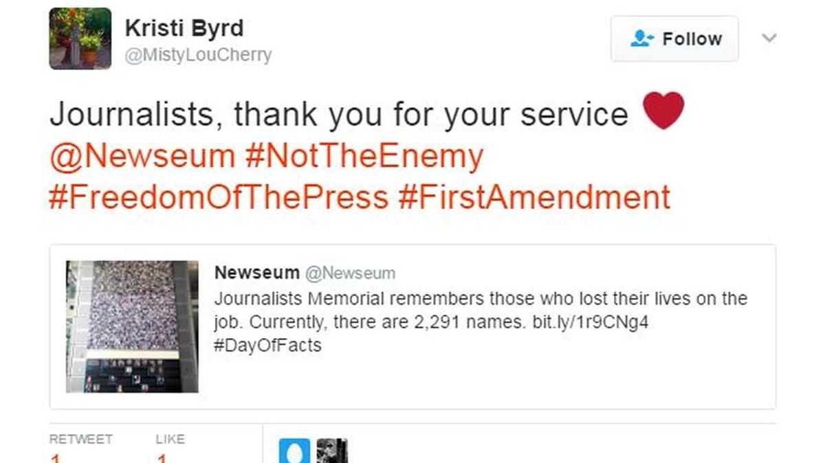 On Saturday, #NotTheEnemy was trending on Twitter as users pushed back on President Donald Trump’s assertion that the media is “the enemy of the American people.”