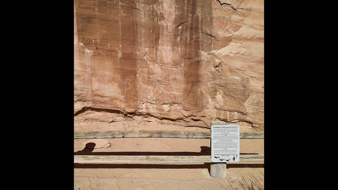 Ancient petroglyphs up to 3,000 years old were destroyed when someone etched a name over the indigenous drawings of bighorn sheep.