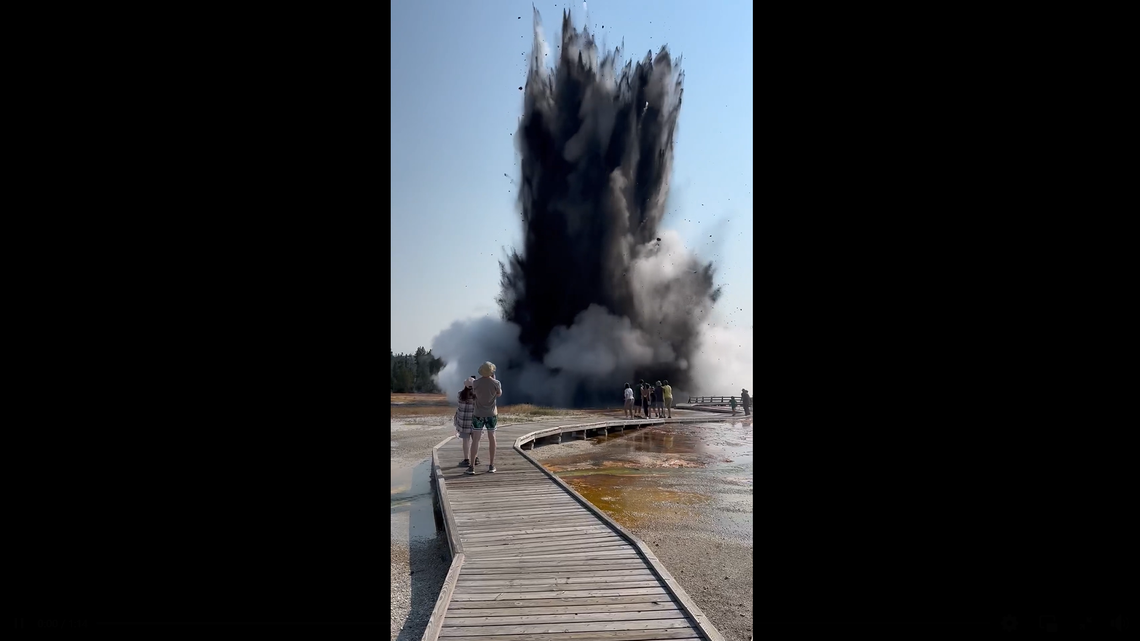 A geyser in Yellowstone National Park erupted in a hydrothermal explosion right next to tourists on a boardwalk in the Wyoming park, video shows. 