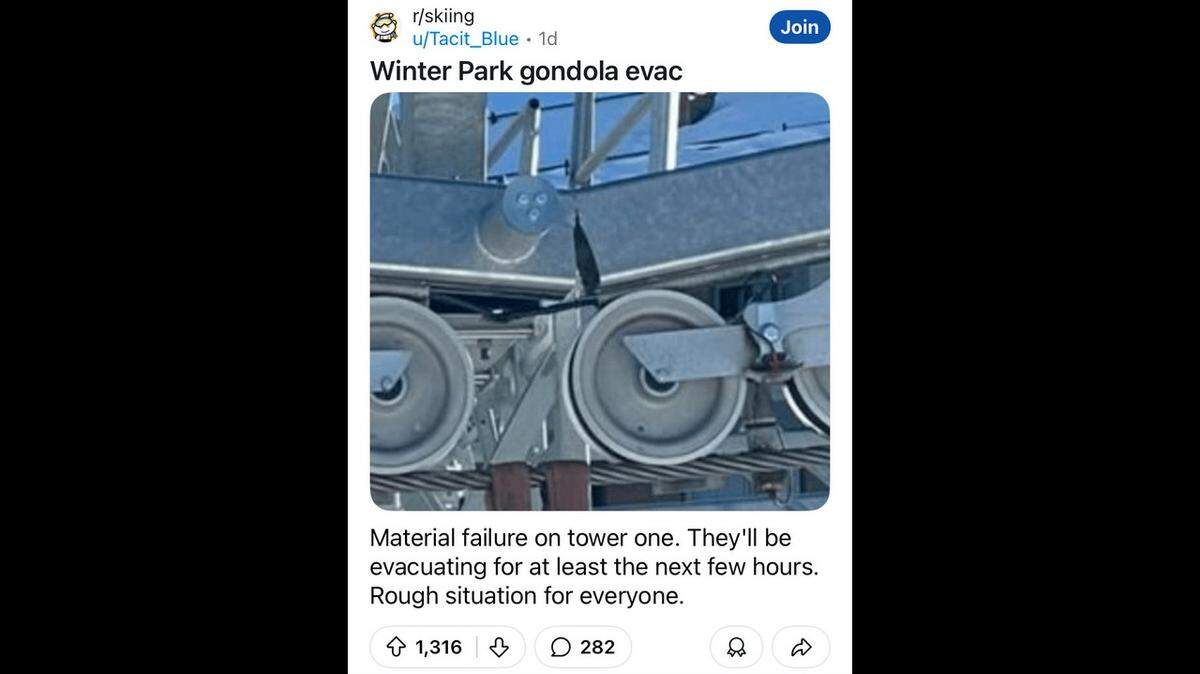 Skiers and snowboarders were rescued from a gondola at a Colorado ski resort after a crack in a metal support tower caused the system to malfunction.