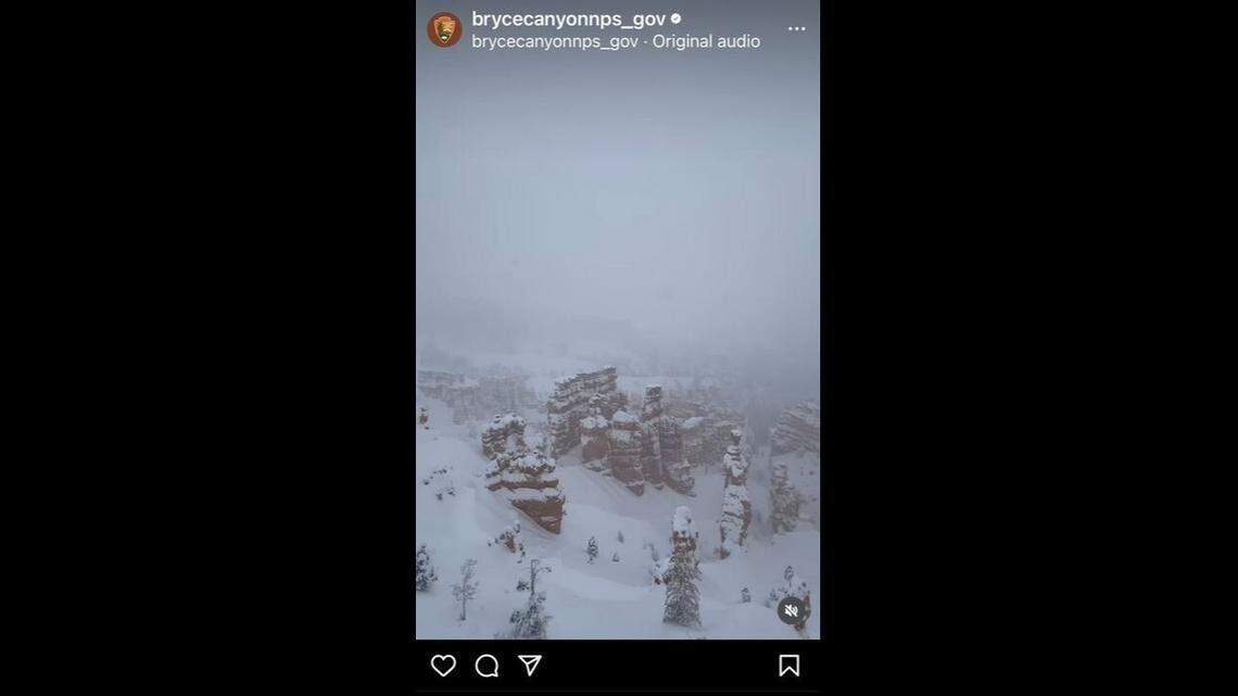 A stunning video shows how the iconic red rock desert of Bryce Canyon National Park transformed into a winter wonderland after a snowstorm.