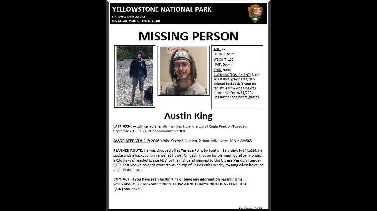 A 22-year-old Yellowstone National Park concession worker called friends and family from the summit of a peak in the southeast corner of the park, then vanished, rangers say.
