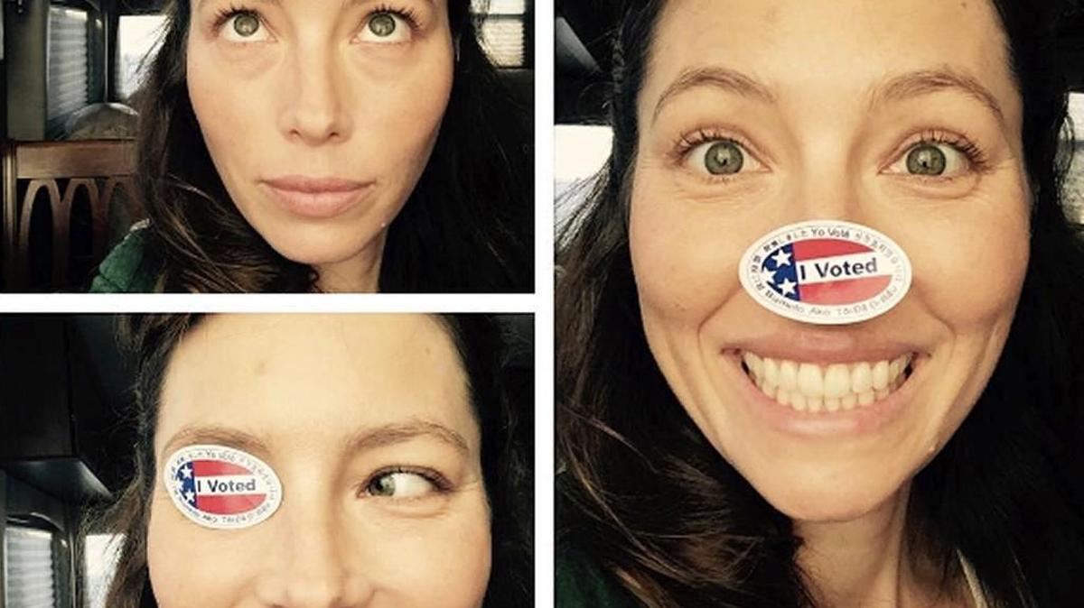 Actress Jessica Biel left no spot on her face uncovered when she early voted.
