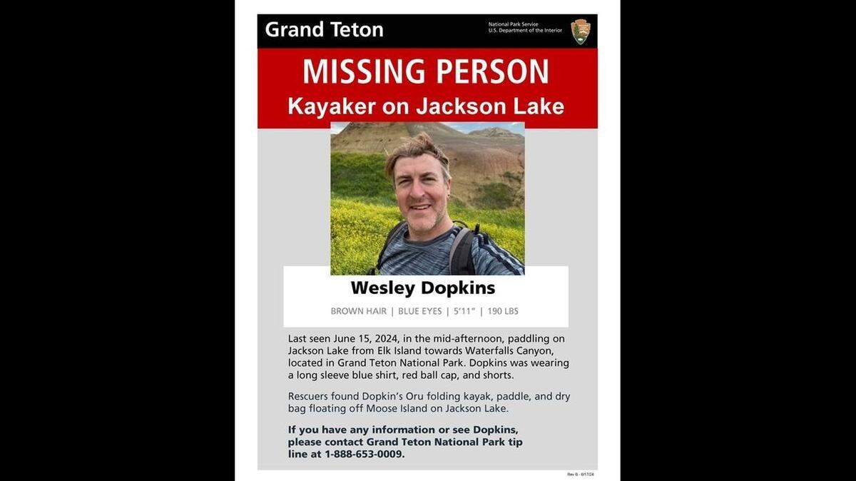 Rescuers found a missing man’s empty kayak and paddle while searching for him in Grand Teton National Park, rangers said.