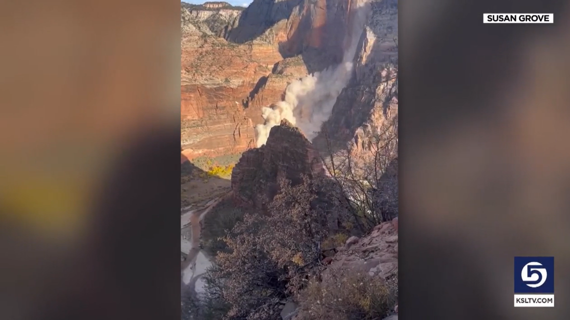 A pair of hikers filmed the rockfall in Zion National Park from about half a mile away on Angel’s Landing, video shows.