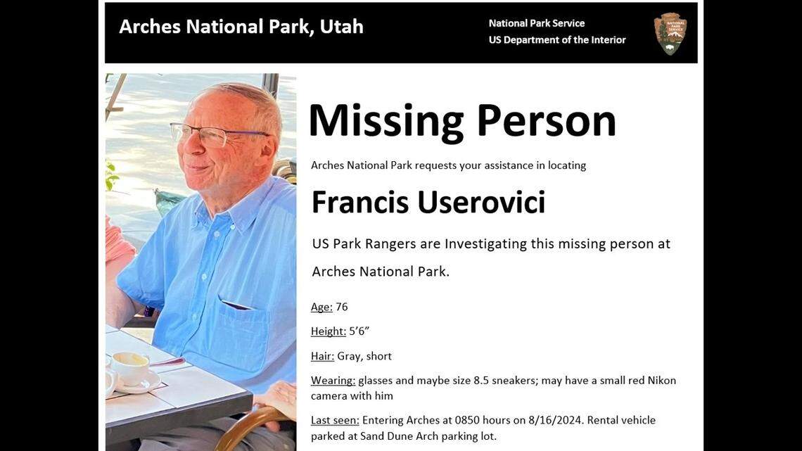 An abandoned rental car left at an Arches National Park trailhead led to a massive search after rangers realized the 76-year-old hiker had vanished one week earlier.