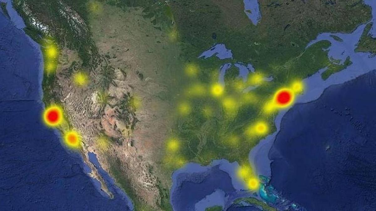 Map of Google for Work outages on Wednesday, Sept. 14.