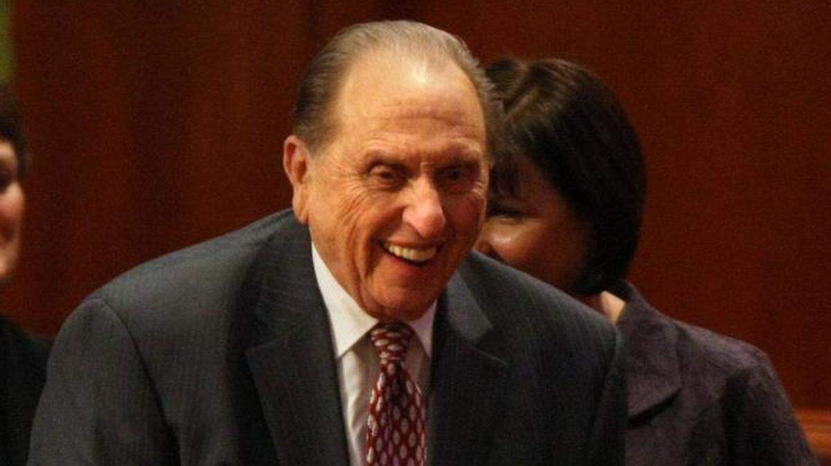 President Thomas S. Monson and his wife Frances leave the General Relief Society Meeting at the Conference Center on Temple Square in Salt Lake City on Saturday, Sept. 29, 2012.