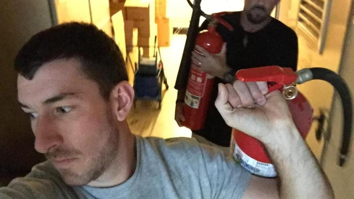 Jeff Zausch, left, and EJ Snyder, among the hosts of Discovery Channel’s “Dual Survival,” display fire extinguishers they collected as potential weapons to defend themselves during last week’s Turkish coup. Zausch is a resident of Pocatello.