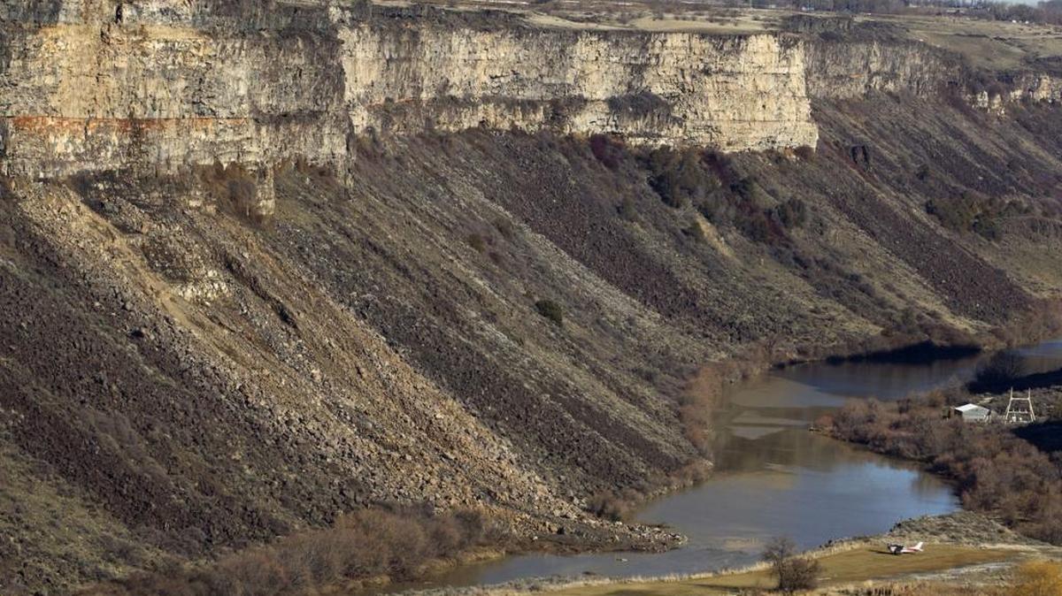 Last week’s floodwaters pushed a 50-foot by 100-yard chunk of the Snake River Canyon wall into the canyon south of Jerome.