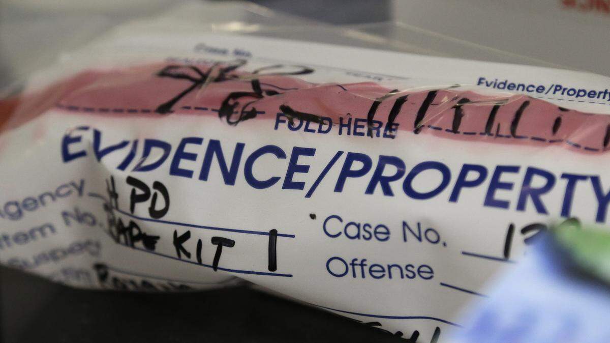 This 2015 photo shows an evidence bag from a sexual assault case in the biology lab at the Houston Forensic Science Center in Houston. Idaho officials announced they’ve completed testing all rape kits in the state’s backlog, identified in 2016.