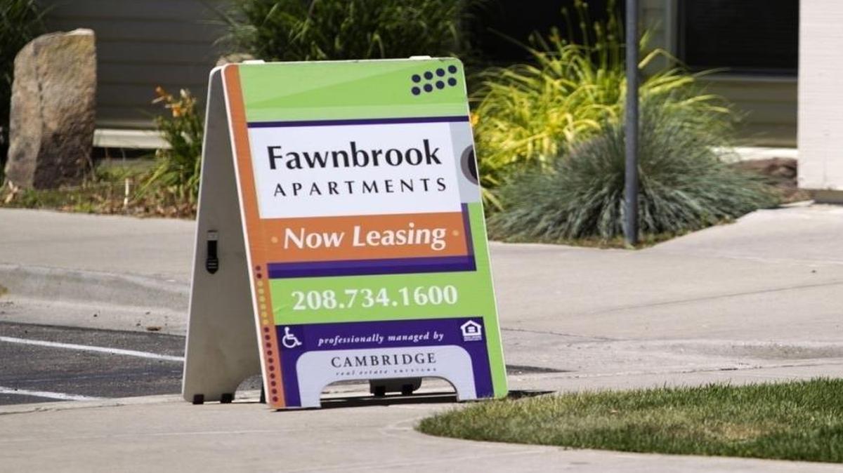 A sign sits out in front of the Fawnbrook Apartments last year in Twin Falls.