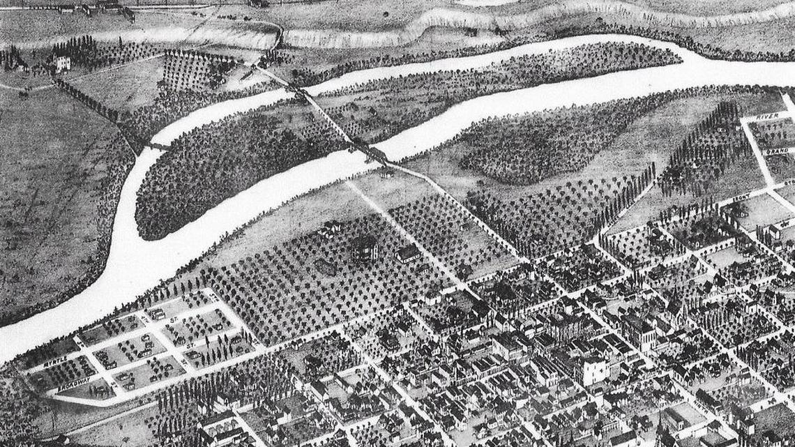 This 19th century artist’s view shows the old Boise River island that is now the campus of Boise State University. Debates on how to pronounce Boise have endured since the city’s founding in 1863.