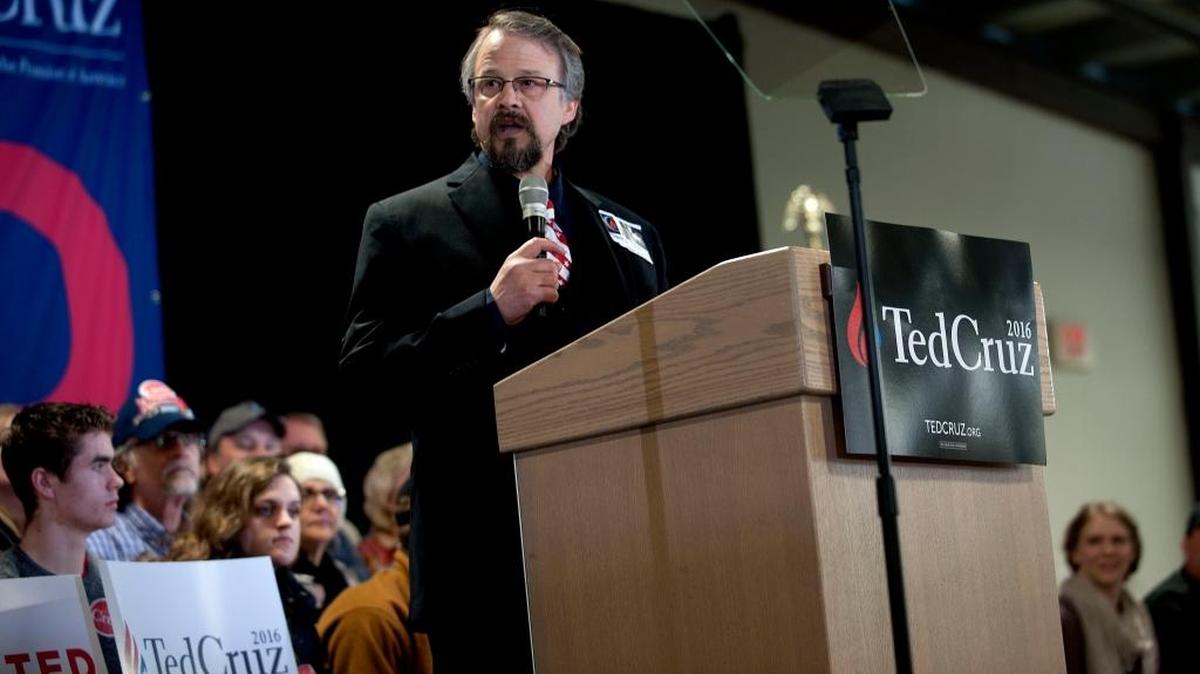 In a Saturday, March 5, 2016 photo, Coeur d'Alene pastor Tim Remington leads a prayer during a rally for Republican presidential hopeful Ted Cruz at the Kootenai County Fairgrounds.