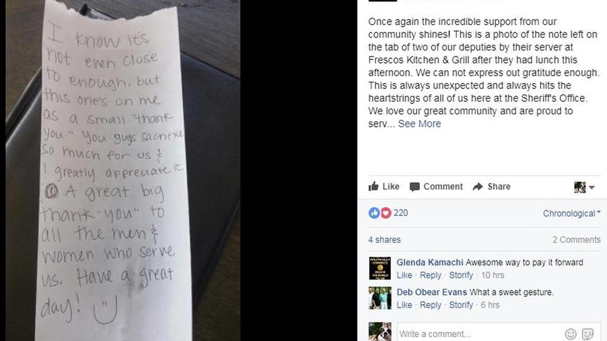 A restaurant server paid the tab for two sheriff’s deputies in Eastern Idaho on Tuesday and left this note on the receipt.