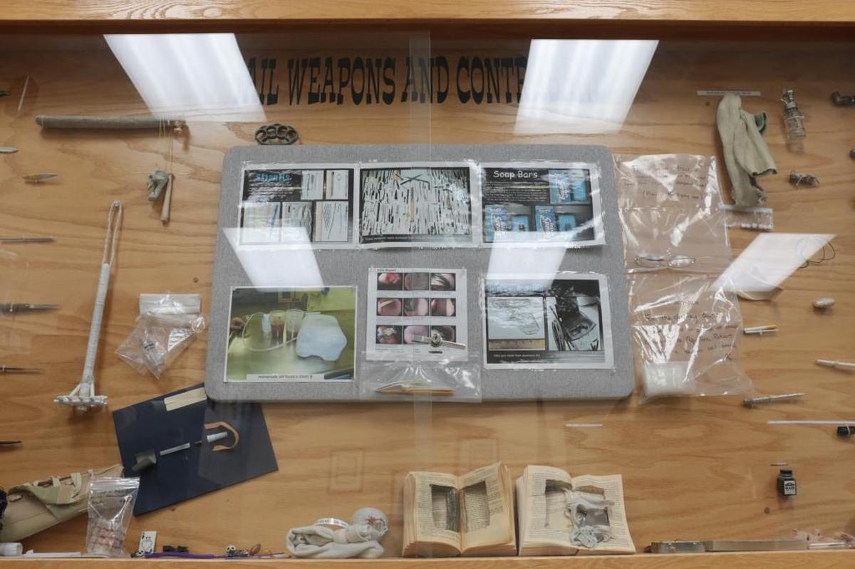 Confiscated contraband is seen on display in the break room at the Bonneville County Jail. Items include drug paraphernalia, painted dominoes and soaps that have been carved into figures.