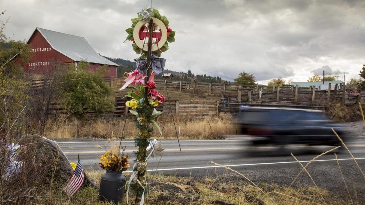 A memorial for rancher Jack Yantis on U.S. 95 at the site next to the family ranch where Yantis was shot and killed by two Adams County sheriff’s deputies on Nov. 1, 2015.