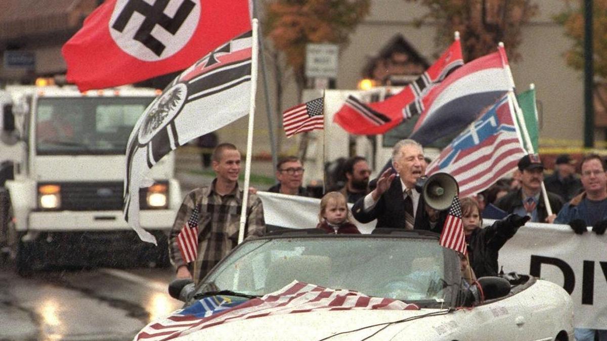 In this Oct. 28, 2000, photo, white supremacist Richard Butler speaks at an Aryan Nations rally in Coeur d’Alene.