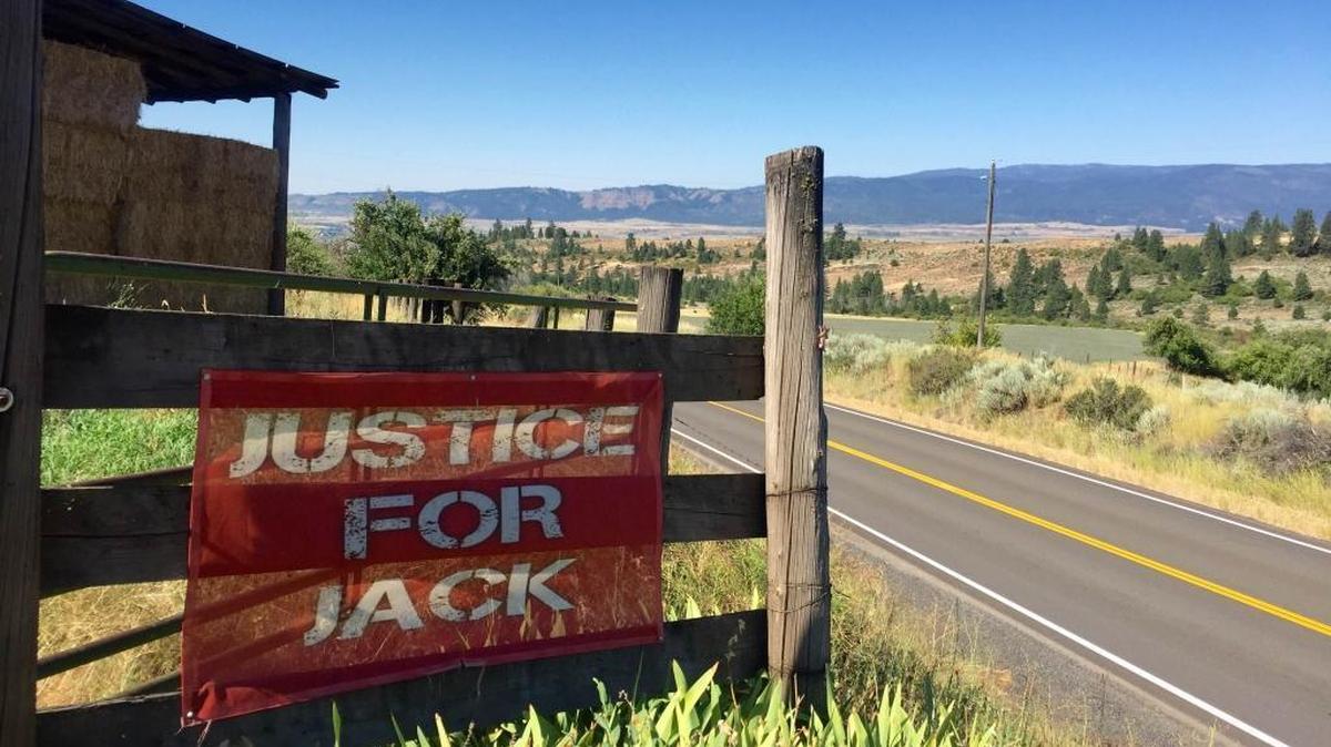 A “Justice for Jack” banner sits out front of Jack Yantis’ ranch Friday, July 29.