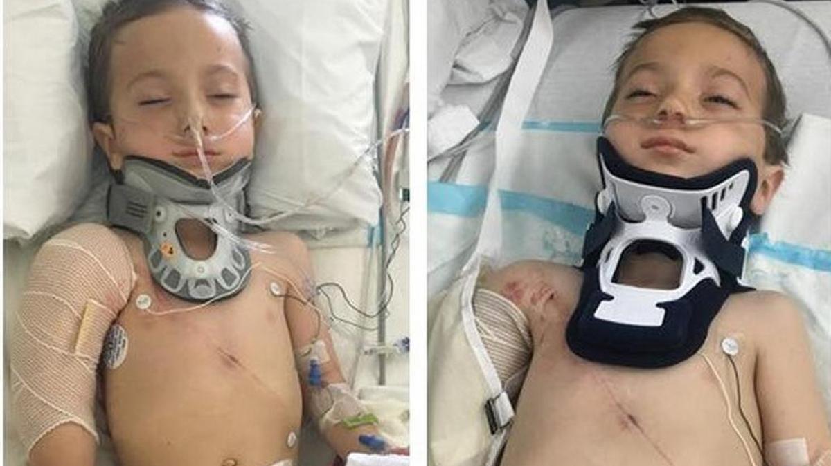 Killian Gonzalez, with the neck brace he is now wearing after the accident.