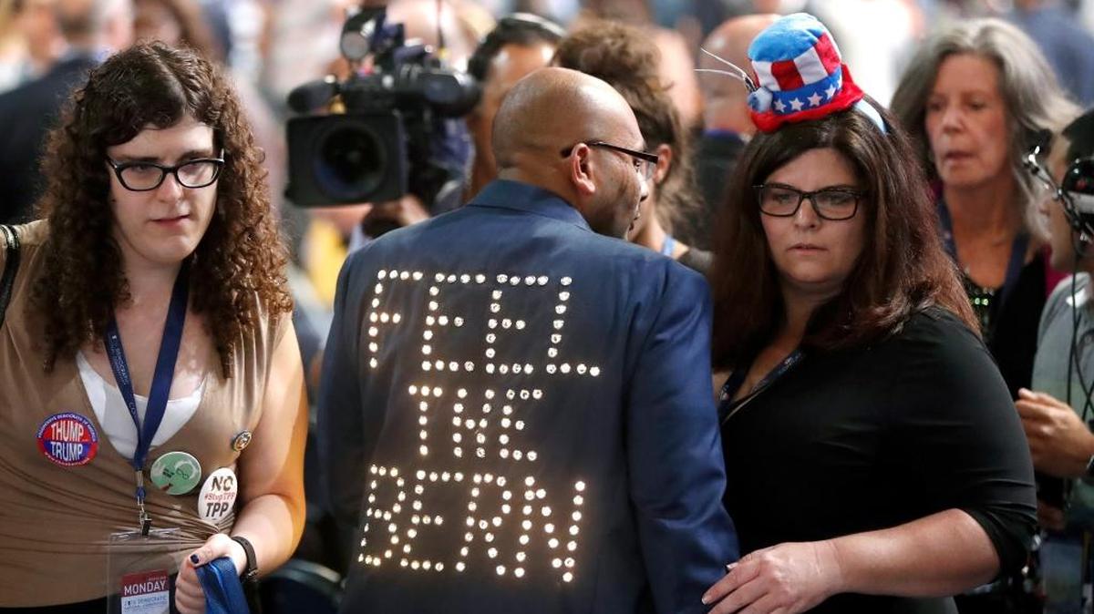 A Florida delegate show his support of former Democratic presidential candidate Bernie Sanders at the Democratic National Convention in Philadelphia Monday.
