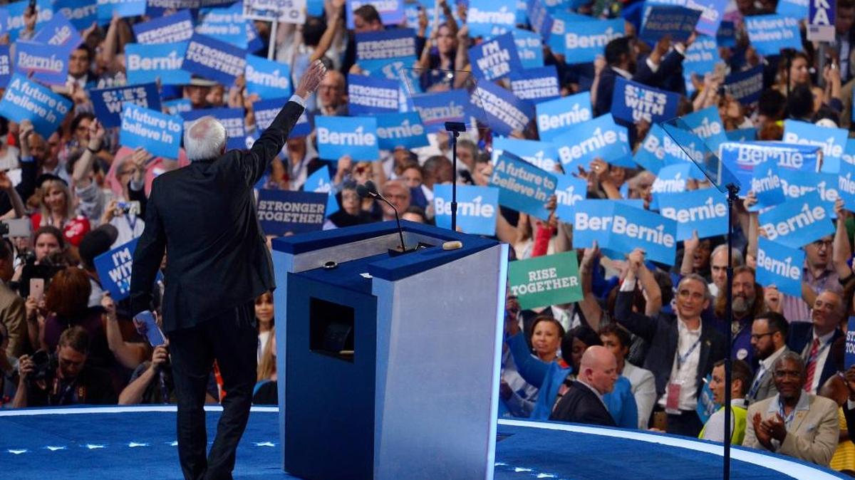 Sen. Bernie Sanders waves to supports at the Democratic National Convention in Philadelphia Monday.