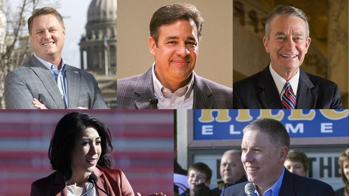 Top Republican and Democratic candidates for governor in the 2018 primaries. Clockwise from upper left: Tommy Ahlquist, Raul Labrador, Brad Little, A.J. Balukoff, Paulette Jordan.