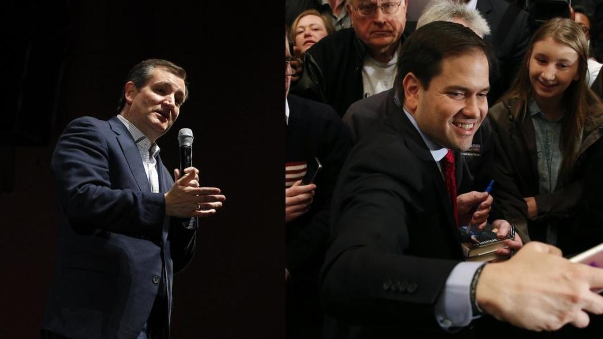 Ted Cruz, left, at a rally in Kansas, and Marco Rubio at a rally in Michigan, both on March 2, 2016.